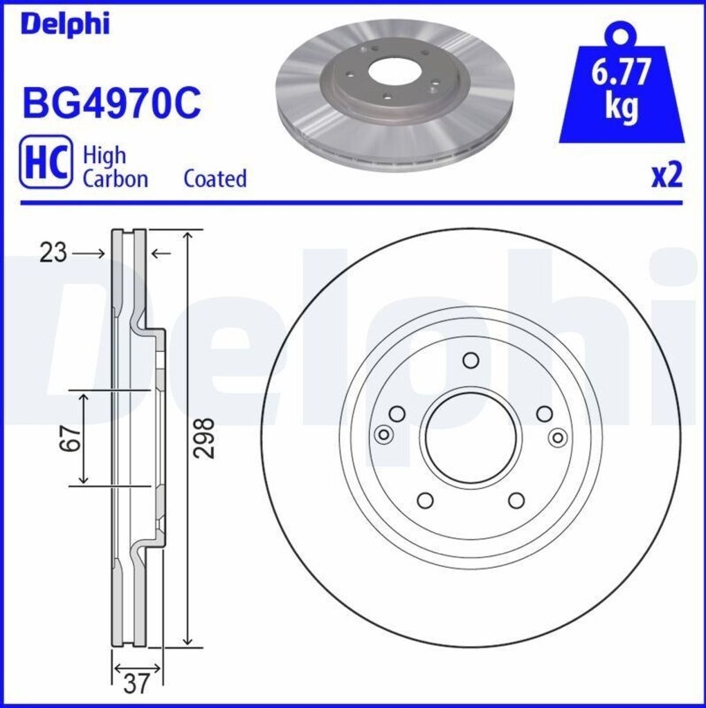 2x DELPHI Bremsscheibe BG4970C für SSANGYONG Tivoli SUV 37mm
