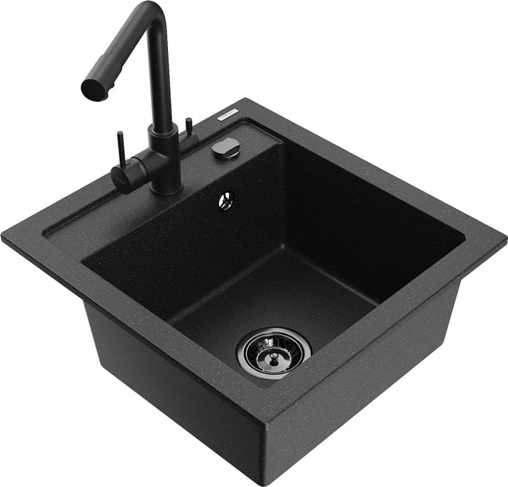Mexen Vito 1-Becken-Granit-Spüle mit Mischbatterie Duero, Schwarz/Silbermetallic - 6503-73-671600-70-B
