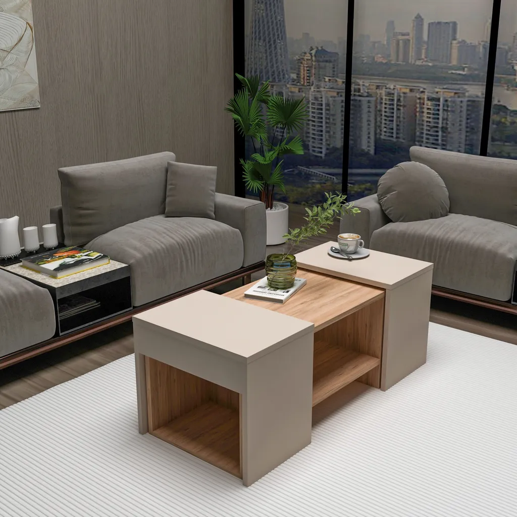 Ensemble Table Basse Sartos en Mélaminé Robuste Pin Atlantique 100x40 cm