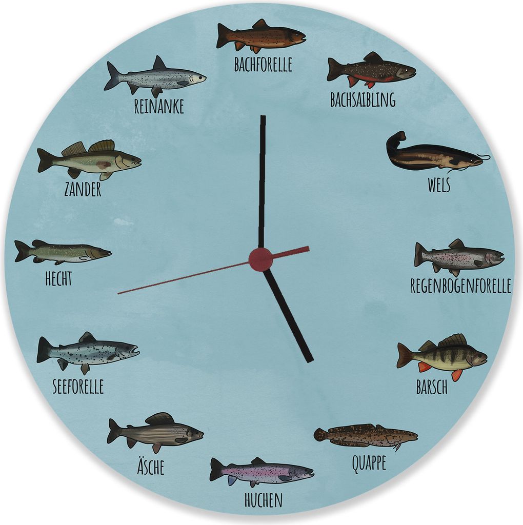 Deutsche Fischarten Wanduhr aus Alu Produktbild 