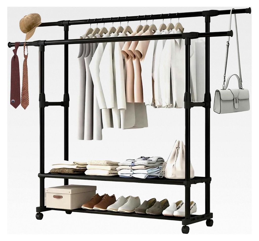 Freistehender Doppelruten Kleiderbügel, 150*150*75cm Ausziehbar auf Rollen, Multifunktionaler Metall Kleiderständer mit 2 Staufächern für Mänt...