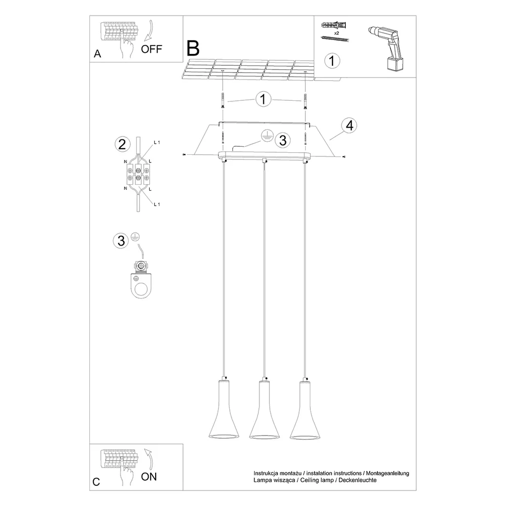 Suspension béton grise REA 110cm design minimaliste 3 sources E14 - 5