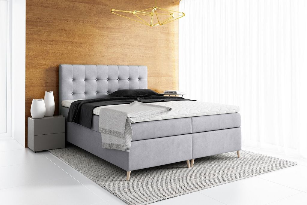 Elegante gepolsterte Doppelliege mit Aufbewahrung Komala mittelgrau 140 x 200 + Gratis-Topper