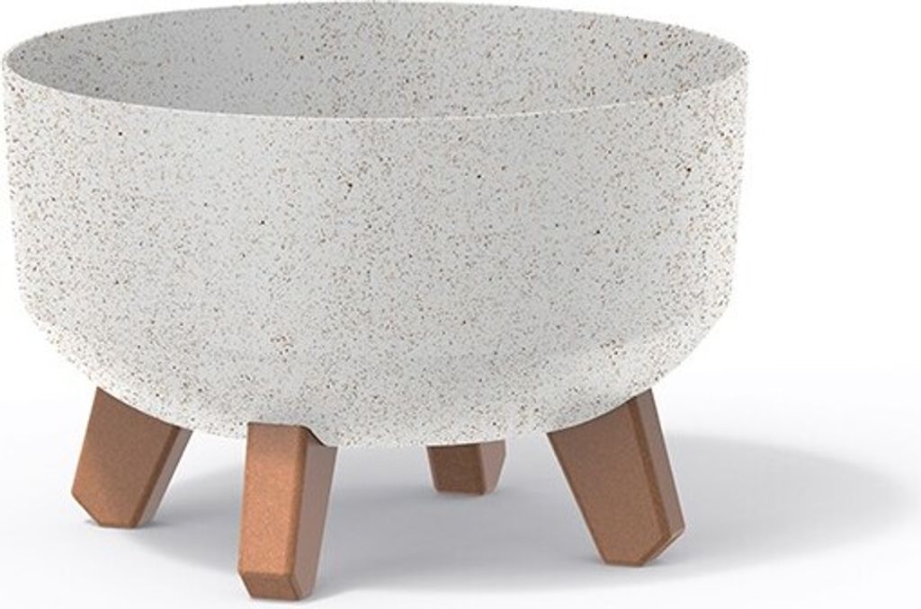 A white speckled planter pot with three brown legs.