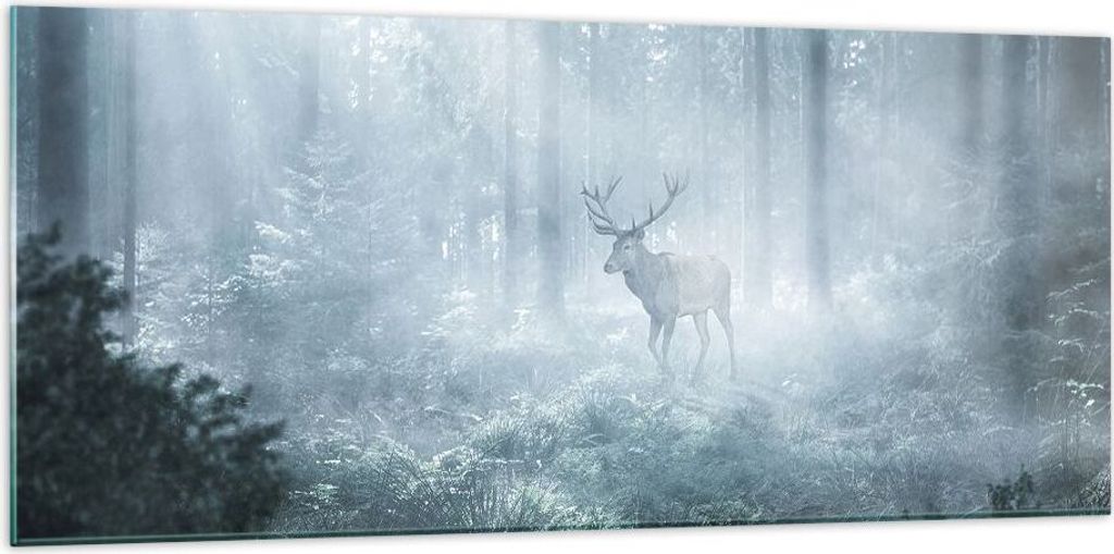 Bilder auf glas - Einteilig - Hirsch Wald Morgendämmerung - 120x50cm - Glasbilder - Wandbilder - Bilder - Wanddekoration aus Glas - Glas Bilder - ...