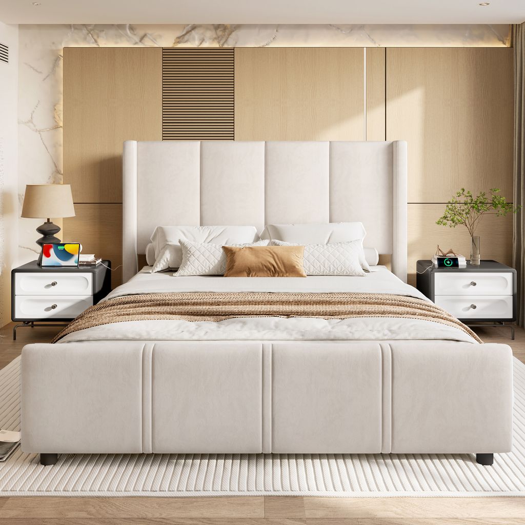 LVHOM Polsterbett 140x200cm mit USB und hohen Kopfteil, Mid Century Doppelbett mit Lattenrost, Jugenbett mit Metallrahmen, Bettgestell Samt, Beige