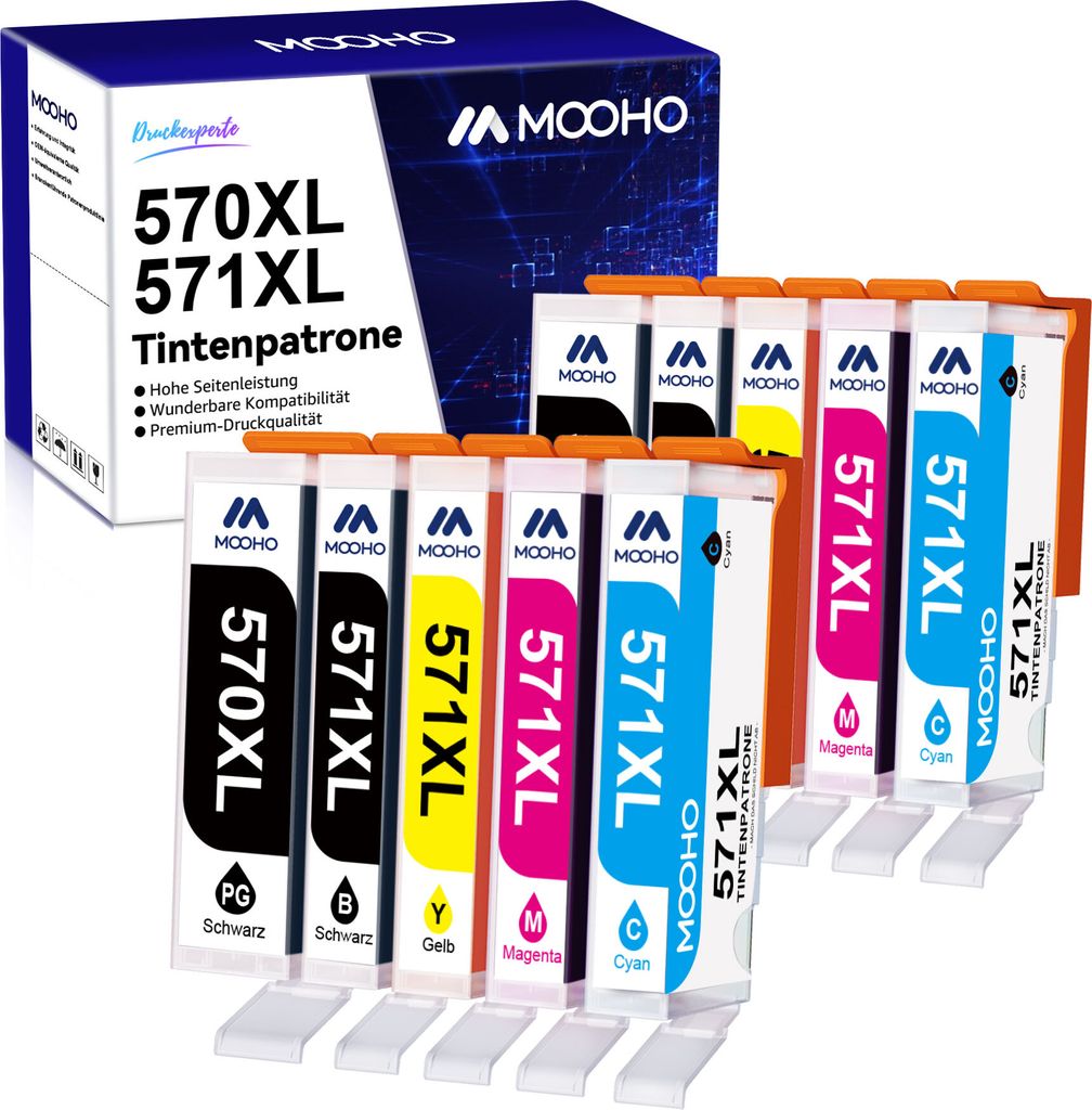 A product shot of multiple ink cartridges and their packaging.