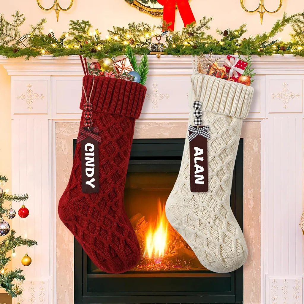 Allecto Premium - Set de 2 Bas de Noël Tricotés Blancs de 46 cm