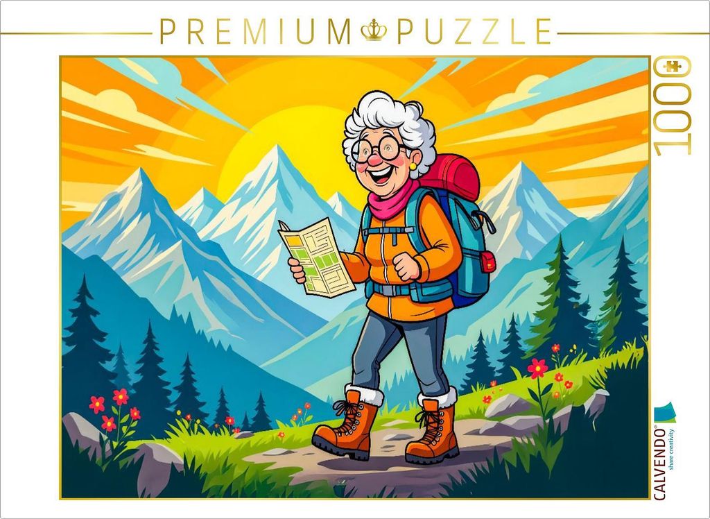 CALVENDO Puzzle Oma wandert fröhlich mit Rucksack durch sonnige Berglandschaft | 1000 Teile Lege-Größe 64x48cm Foto-Puzzle für glückliche Stunden