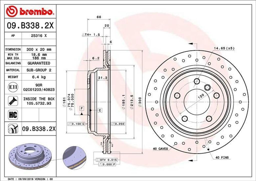 BREMBO 09.B338.2X Bremsscheibe OE 34216764653 kompatibel mit X1, 3er E91, 3er E92, 3er E93, 3er E90, 1er E87, 1er E81