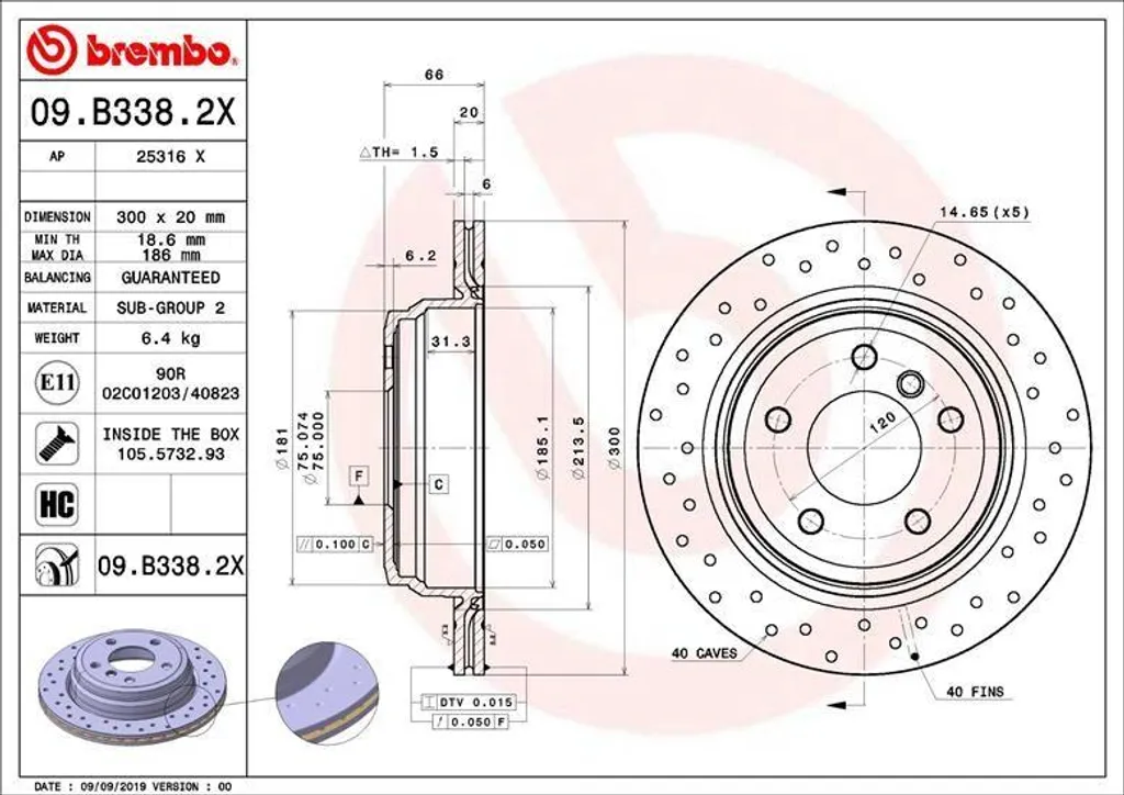 Disque de frein arrière ventilé Brembo 09.B338.2X pour BMW X1 et E92