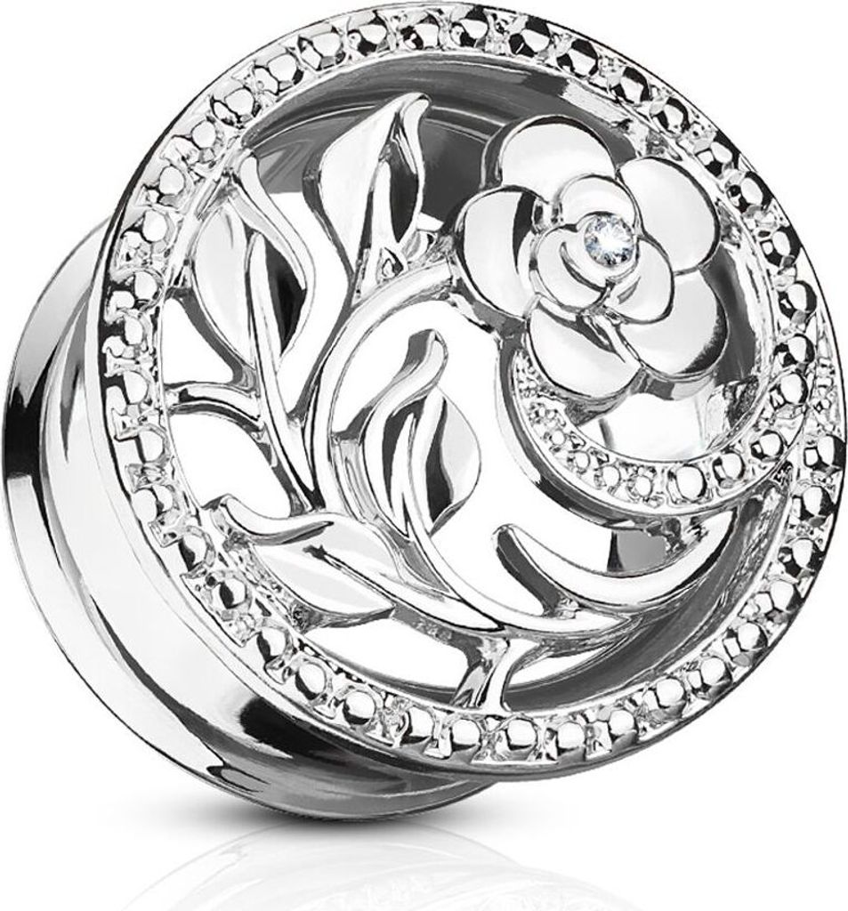 Flesh Tunnel Plug Edelstahl Blume Blüte Zirkonia Kristalle Ohr Piercing Ohrstecker Double Flared silber 12 mm