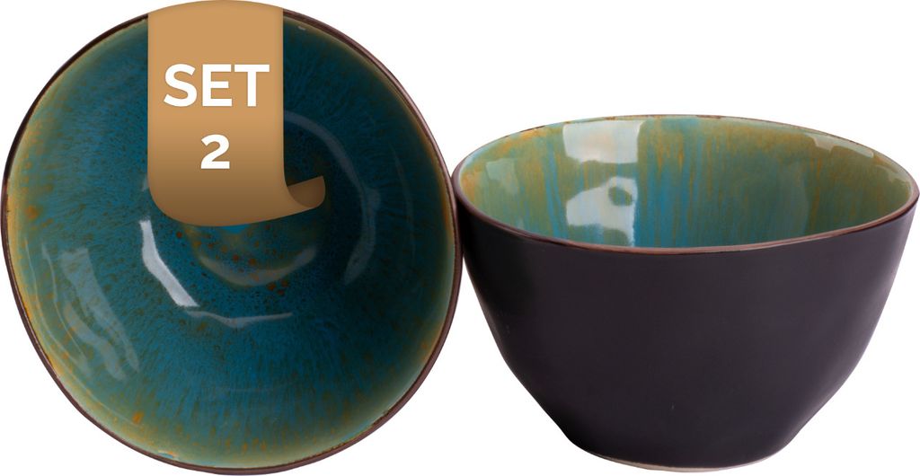 Palmer Lotus Schalen - 2er-Set, Steingut, Ø 15 cm, 1 L, Türkis teilglasiert, organische Form, für Dessert, Snack oder als Beilagen schale, stape...