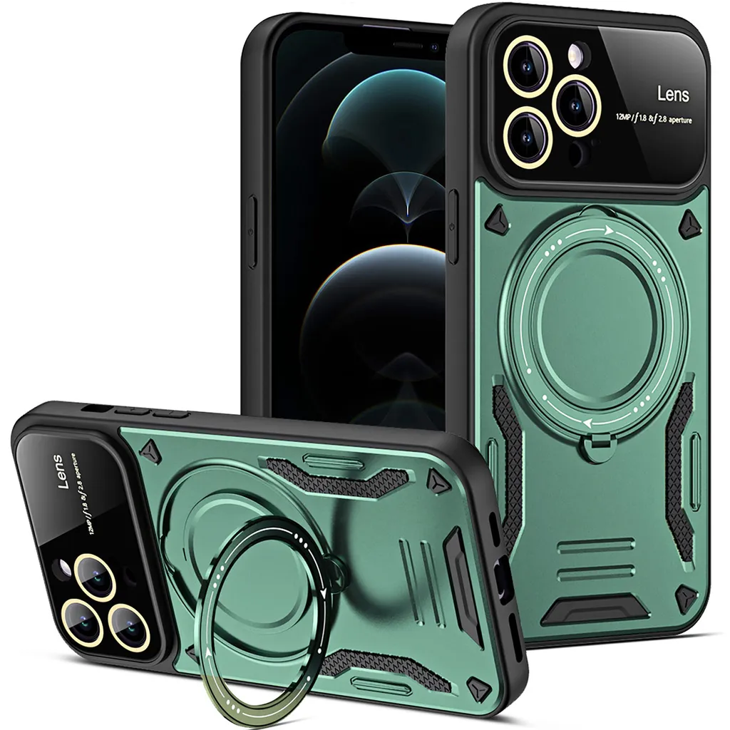 Odolné pouzdro pro iPhone 12 Pro Max Dual-Layer Magnetic Ring Holder Stand Magsafe Case zelené