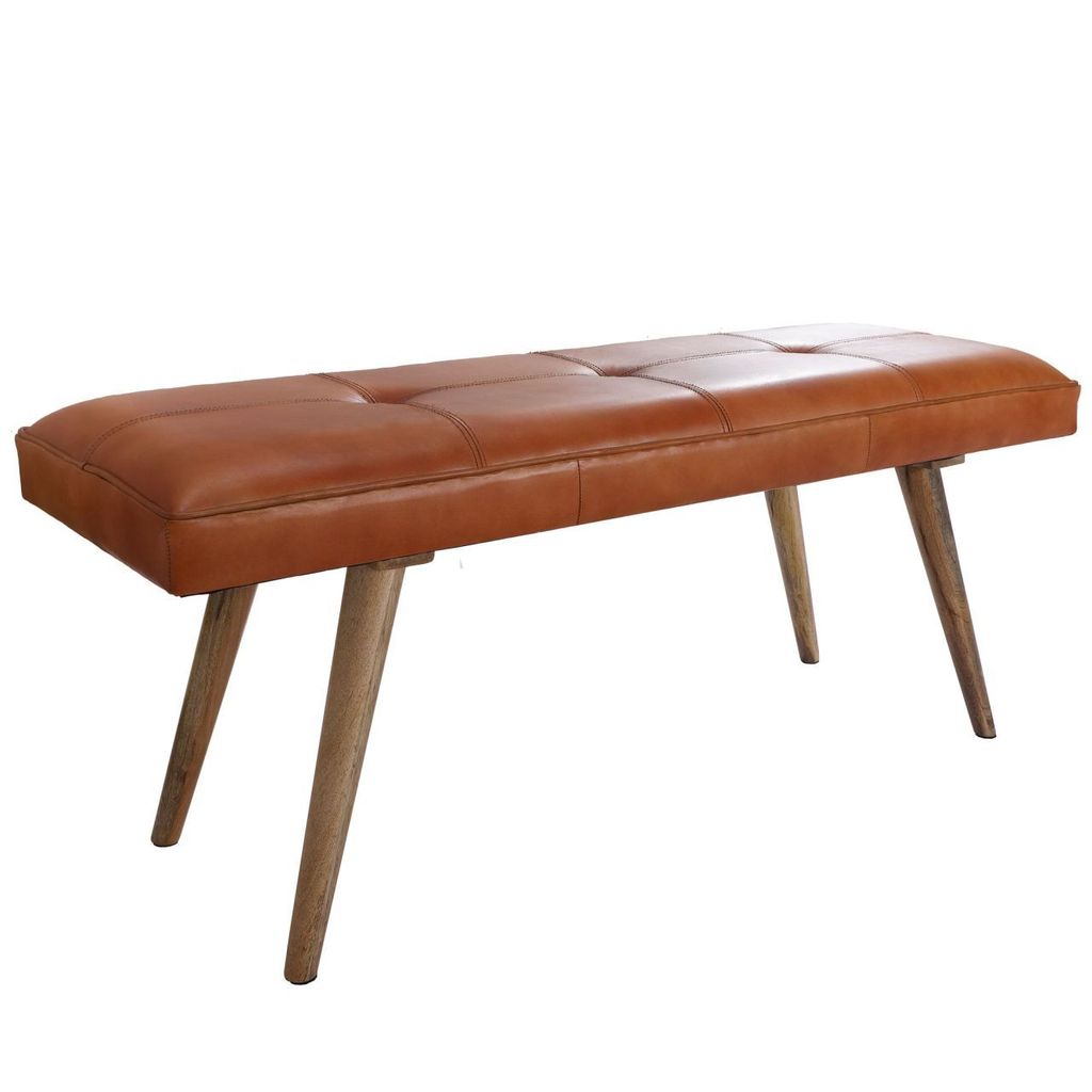 Sitzbank Ziegenleder / Massivholz Bank 117x51x38 cm im Retro Stil, 2er Polsterbank Flur, Gepolsterte Lederbank Esszimmer Braun, Kleine Bettbank Ech...