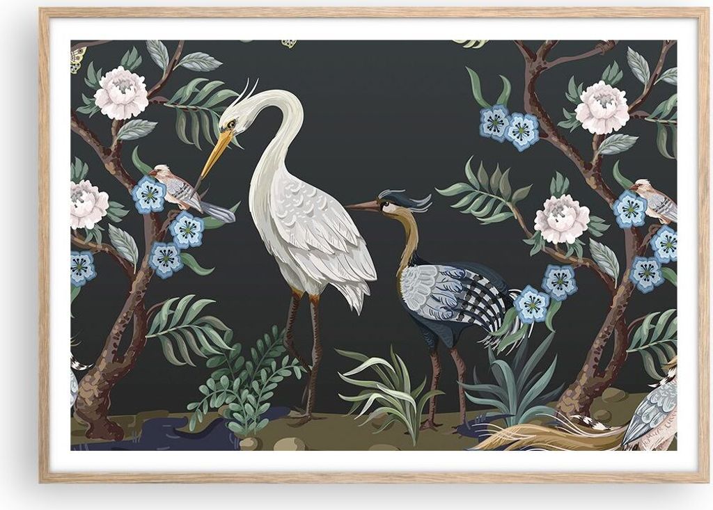 Gerahmtes Poster - Rahmen in heller Eiche - Asiatisch Reiher Blumen - 100x70 cm - Wand Bild - Wanddeko - Wandbilder - Kunstposter - Wandposter - Bi...