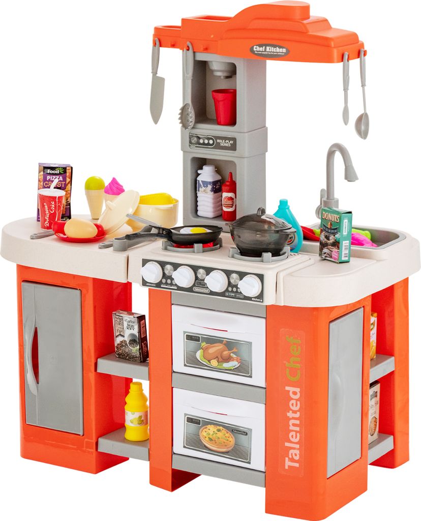COSTWAY Kinderküche mit 67 Zubehör, Spielküche mit Wasserpumpfunktion, Licht, Sound, Dampf- & Kocheffekten, Spielzeugküche für Kinder 2+ Orange