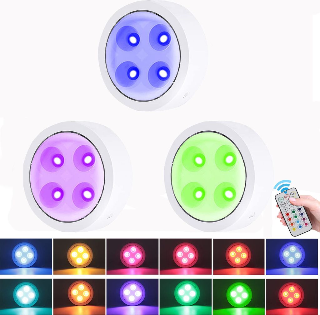 3 Stück LED Nachtlicht RGB Dimmbar Schrankleuchten Batteriebetrieben Unterbauleuchten mit Fernbedienung für Schlafzimmer, Flur, Treppe, Küche