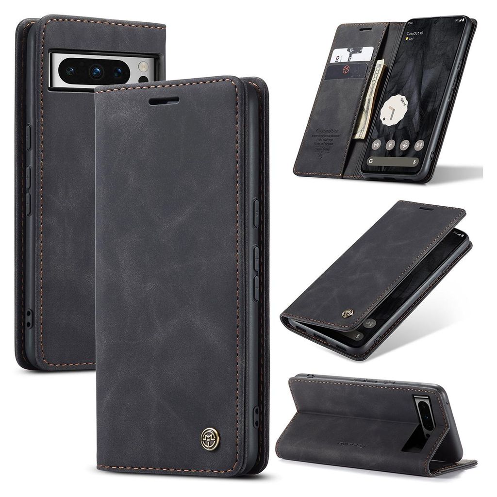 A collage of images showing a black leather phone case for a Google Pixel 8 Pro from different angles, including one showing the phone inside with cards and cash.