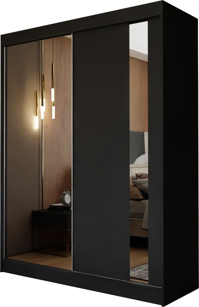 Masseno Schiebetürenschrank GRAZIA 150 cm Kleiderschrank Schlafzimmer Schrank 2-türig mit Spiegel Schwarz