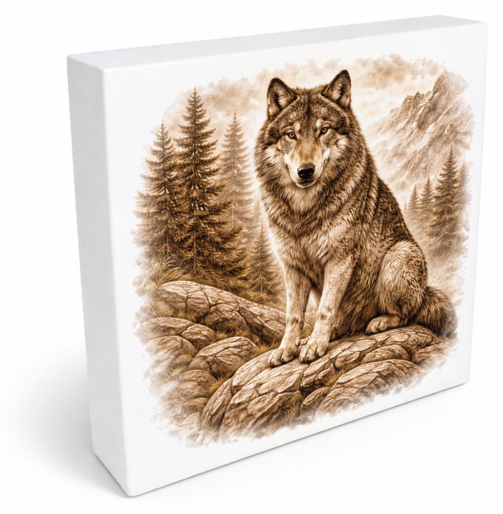 Wolfsmagie Wolf im Wald Holzbild in 20x20 cm zum Stellen oder Aufhängen