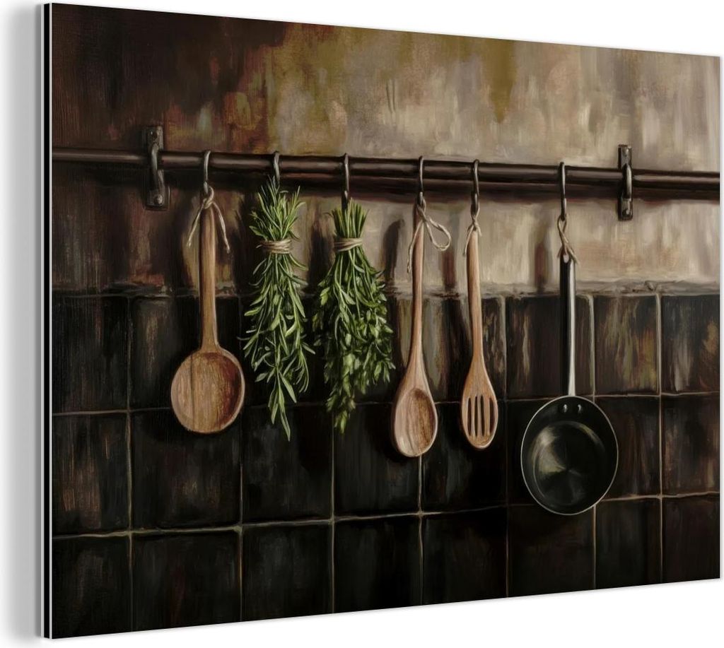 MuchoWow Wanddekoration Metall Metallbild Wandkunst 60x40 cm Küchengeräte - Rustikal - Kacheln - Gewürze MuchoWow Aluminium Gemälde - Gemälder