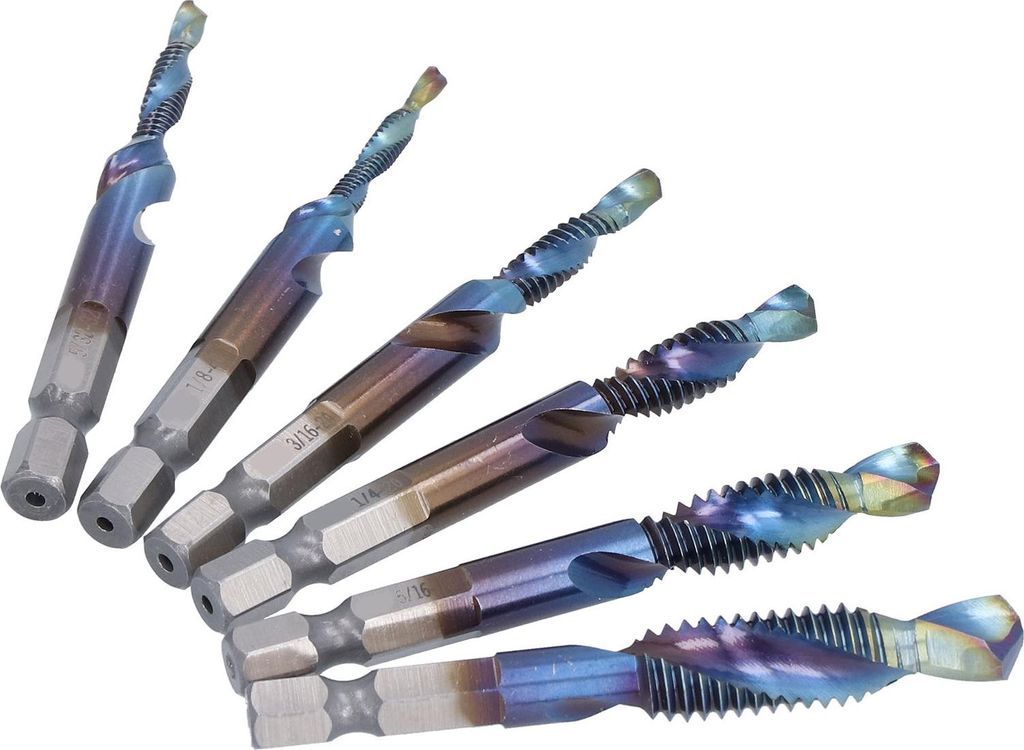 6-teiliges Spiralgewindebohrer-Set, multifunktional, aus HSS-Stahl mit Sechskantschaft zum Bohren, Gewindeschneiden und Schneiden