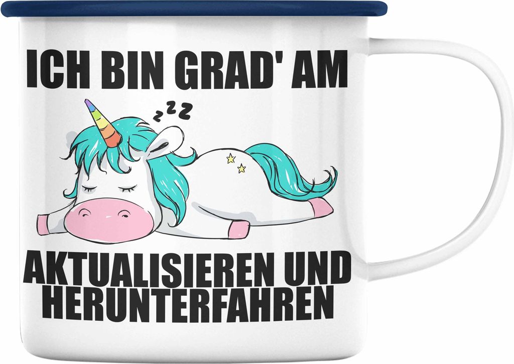 Trendation - Lustige Einhorn Spruch Mitarbeiter Geschenk Arbeitskollege Emaille Tasse Kollegin Abschiedsgeschenk (Blau)