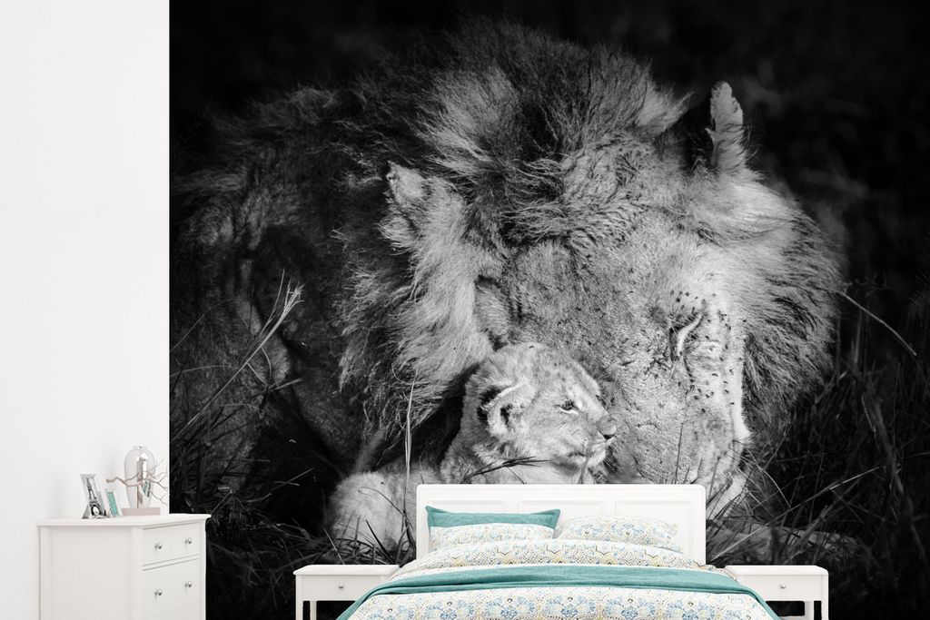 MuchoWow Fototapete für Wohnzimmer oder Schlafzimmer Wandtapete Vinyl Motivtapete Tierprofil Löwe mit Jungtier in schwarz und weiß - 265x240 c...