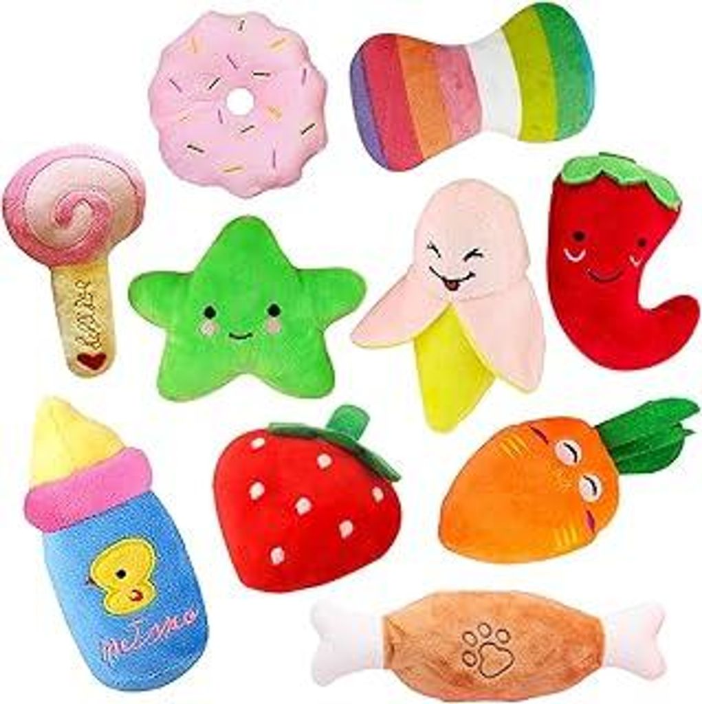 Cielbleu 10 stück Hund Quietschspielzeug für kleine, Hundespielzeug Welpenspielzeug, Haustier Hund Plüsch Spielzeug, Obst Snacks und Gemüse kau...