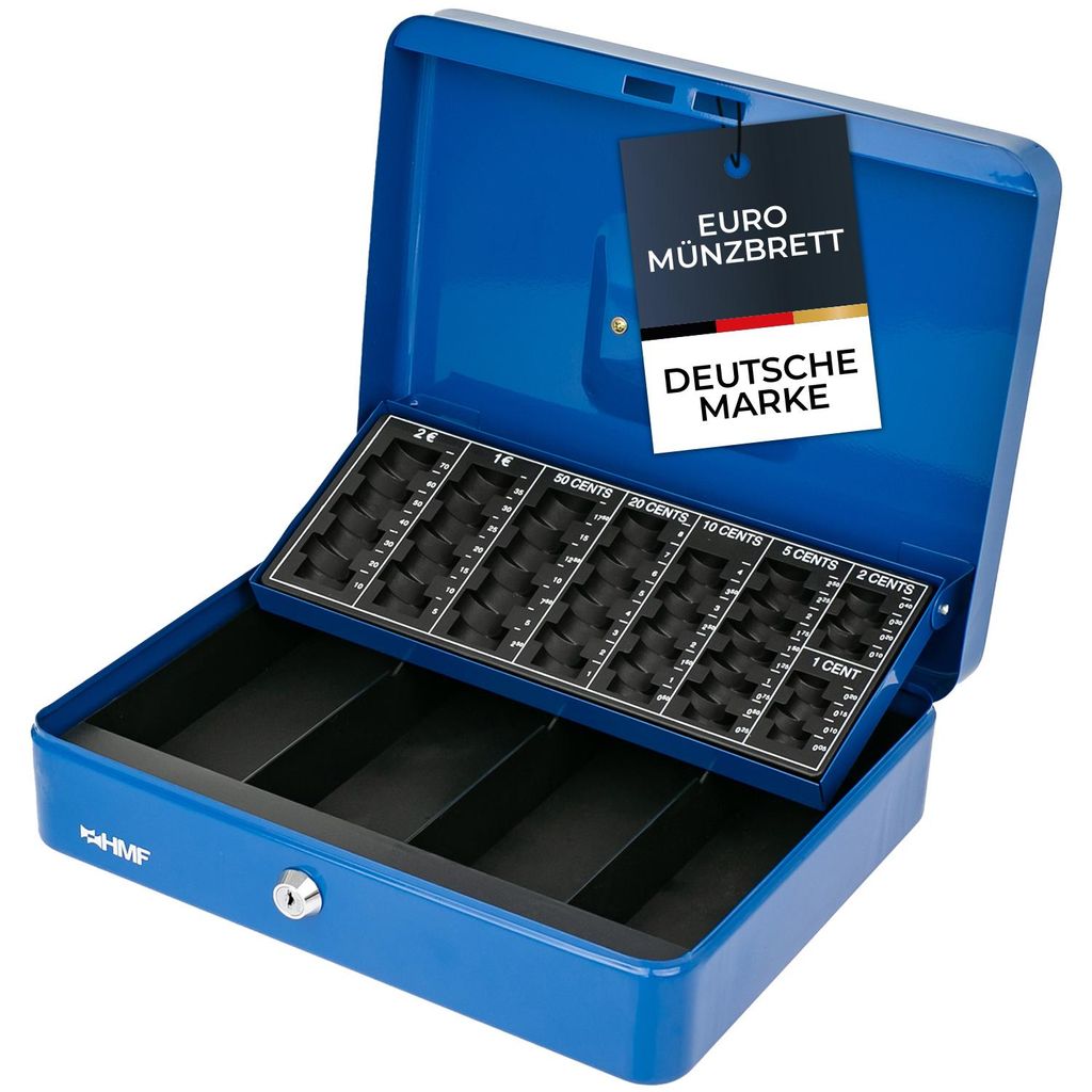 Geldkassette mit Euro-Münzzählbrett von HMF mit 30 cm Breite in Blau