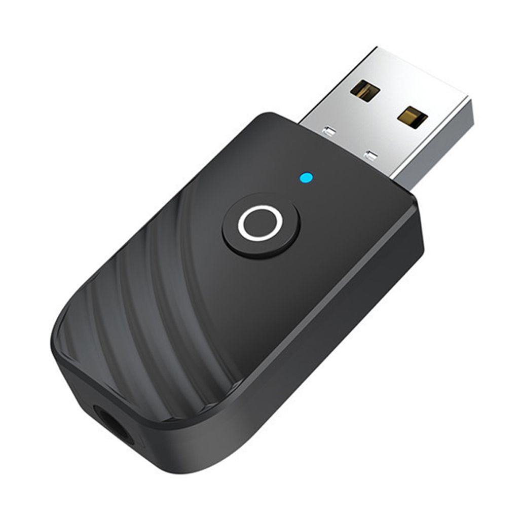 A black Bluetooth adapter with a USB connector is shown against a white background.