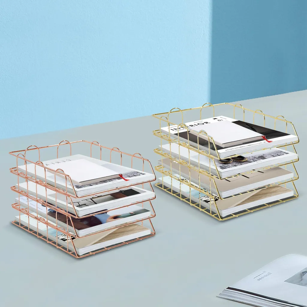 Rangement de documents doré design empilable en métal pour bureau chic - 5