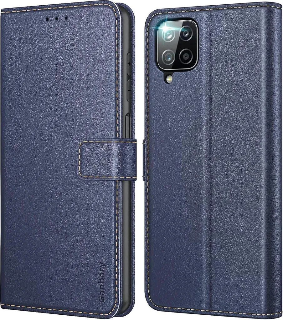 Housse anti-choc Samsung Galaxy A12 bleue avec support et porte-carte