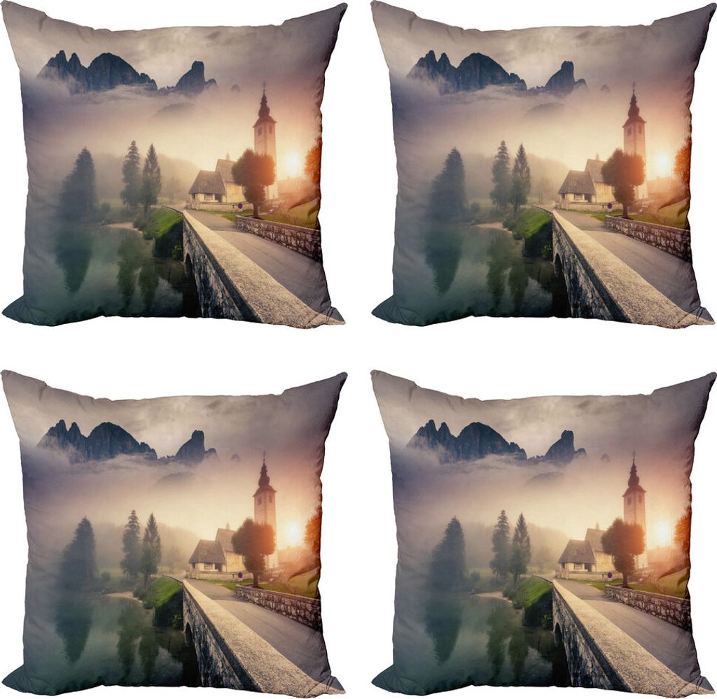 ABAKUHAUS Landschaft Kissenbezug Set (4 Stück), Nebligen Morgen-Landschaft, Moderner Doppelseitiger Digitaldruck, 50 cm x 50 cm, beige Grau