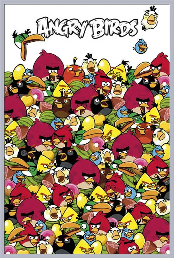 Décoration murale chambre enfant Angry Birds avec cadre argenté 61x91cm