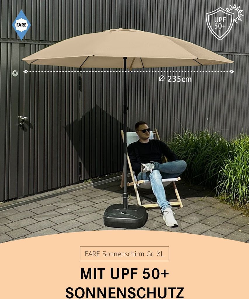 FARE Sonnenschirm XL Höhenverstellbar Knickvorrichtung Lichtschutzfaktor UPF 50+ 235cm, Farbe:Natur