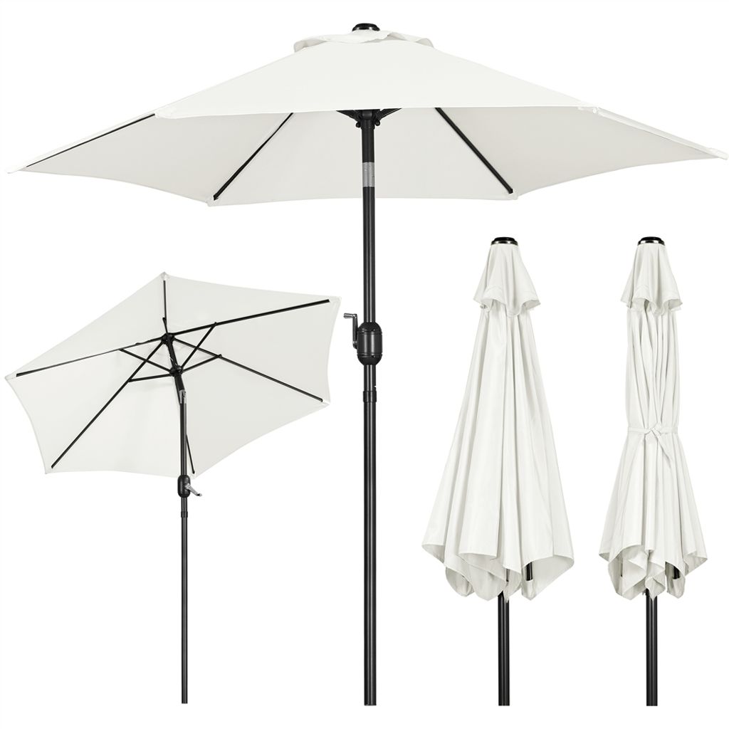 Multiple views of a white patio umbrella, including open and closed states, against a white background.