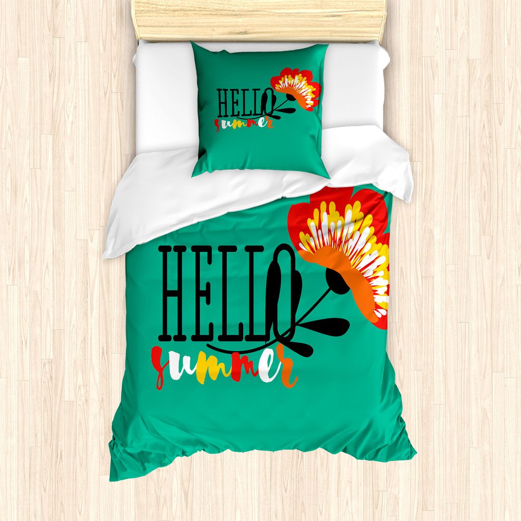 ABAKUHAUS Hallo Sommer Bettbezug Set für Einzelbetten, Floral Hallo Sommer Text, Milbensicher Allergiker geeignet mit Kissenbezug, 135 cm x 200 cm...
