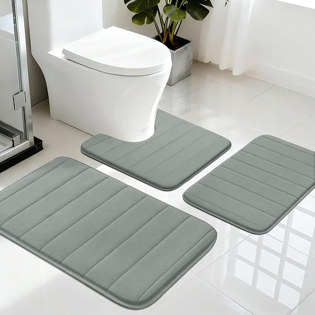 3-teiliges Badezimmer-Set aus Memory-Schaum, bestehend aus einer weichen Badematte und einer U-förmigen WC-Matte mit Aussparung, extrem saugfähig...