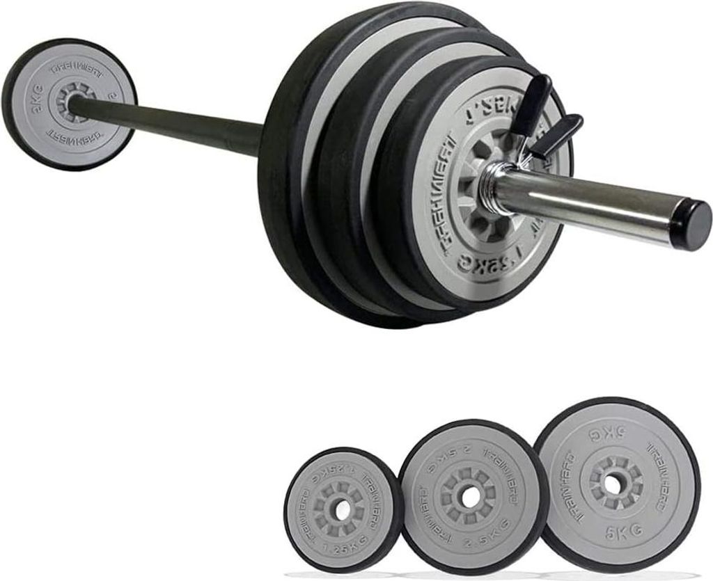 TrainHard 20 kg Hantelset mit federgeschlossenen Hantelstangen inklusive 6 Hantelscheiben, 140 cm Langhantelstangen, Gewichtheben,