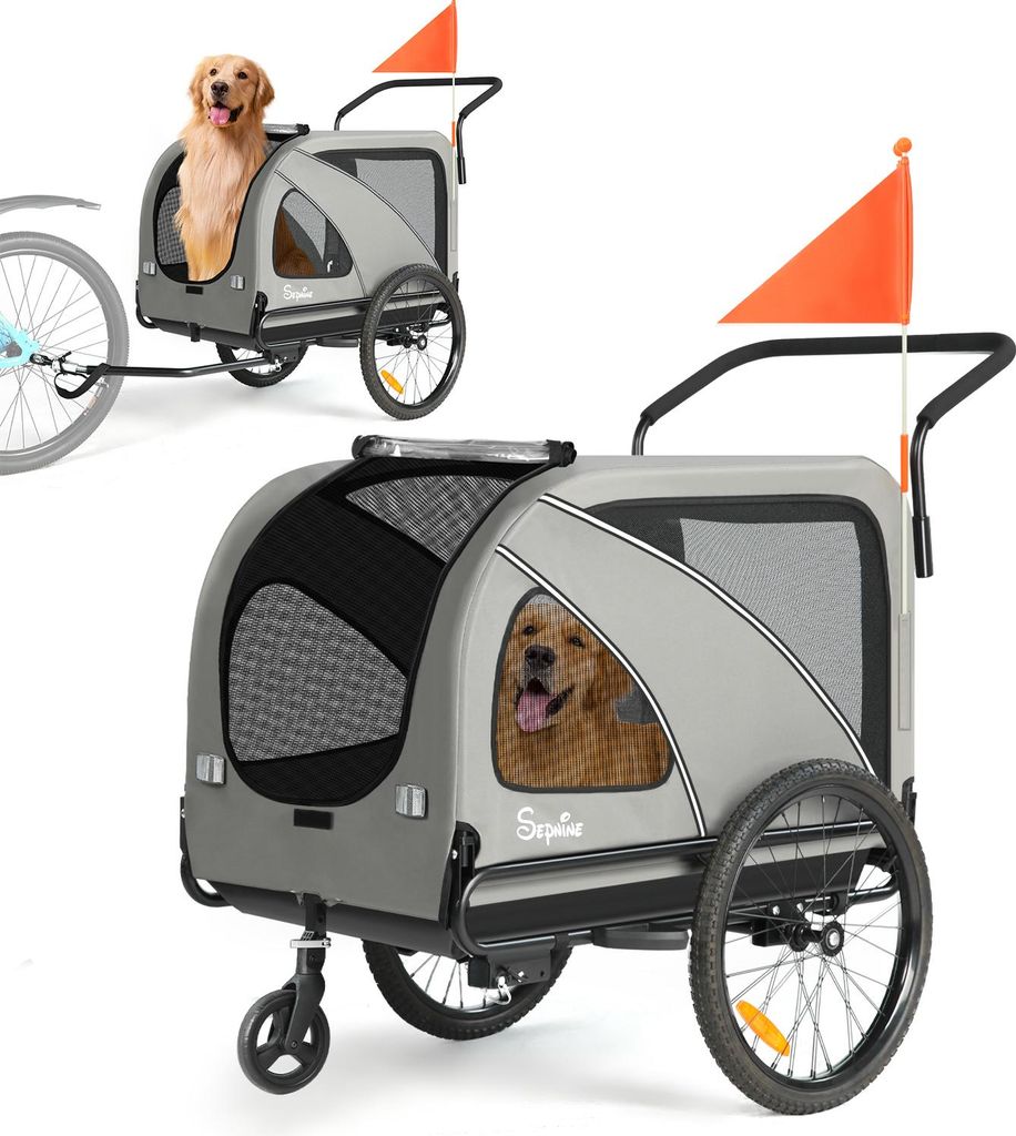 2-in-1 XXL Hunde-Fahrradanhänger mit Dachöffnung, Reflektoren und Reflektorstreifen, mit Universal-Fahrradkupplung, Sicherheitsleinen,faltbar,bis...