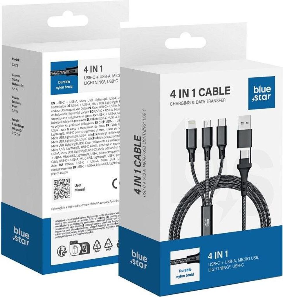 BLUE STAR 4-in-1 Kabel Typ C / USB A zu Micro USB / Lightning / Typ C 2.4A 12W Cafule C172 1.2 m schwarz