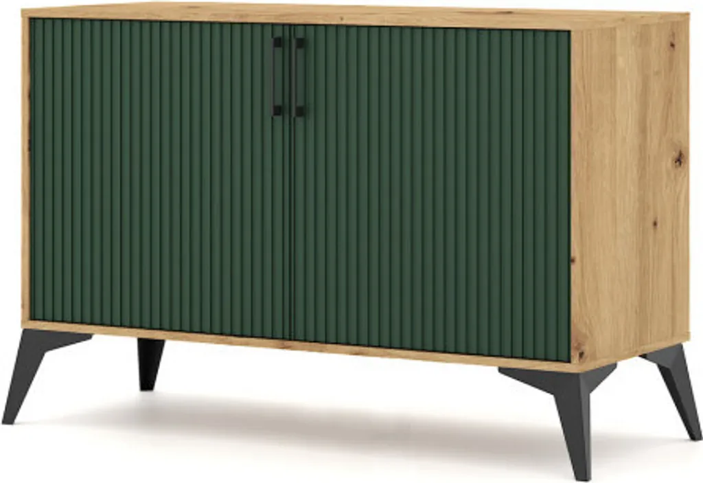 Petit buffet LUGO 112cm chêne vert - Rangement robuste 2 portes 2 tiroirs