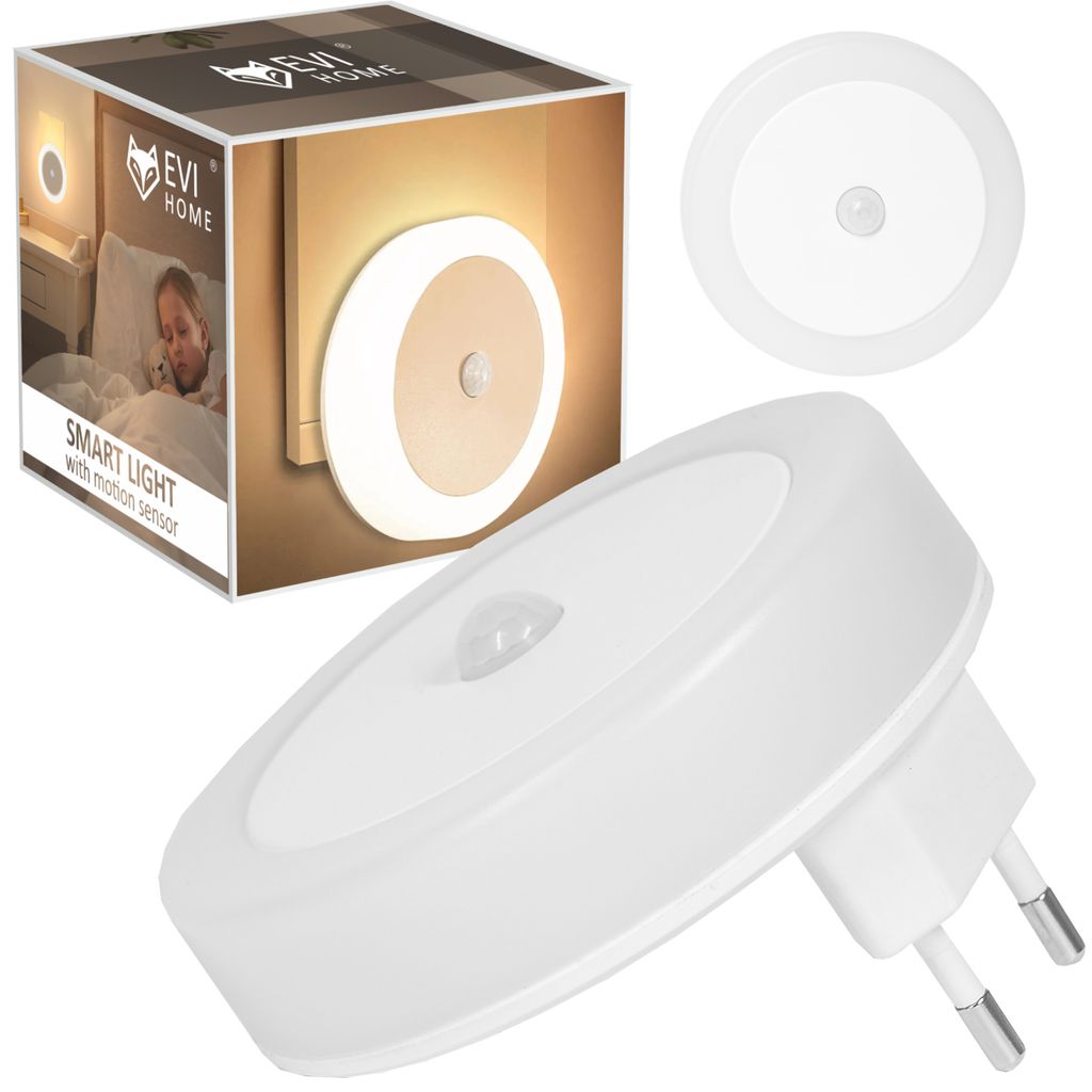 A product shot and packaging of a white LED night light with a motion sensor.