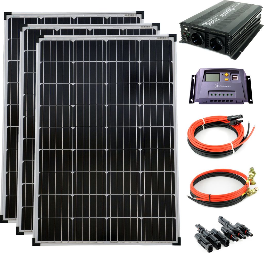 Solar Set 12V 3x100 Watt Solarpanel 20A Laderegler 1500W Spannungswandler Solaranlage
