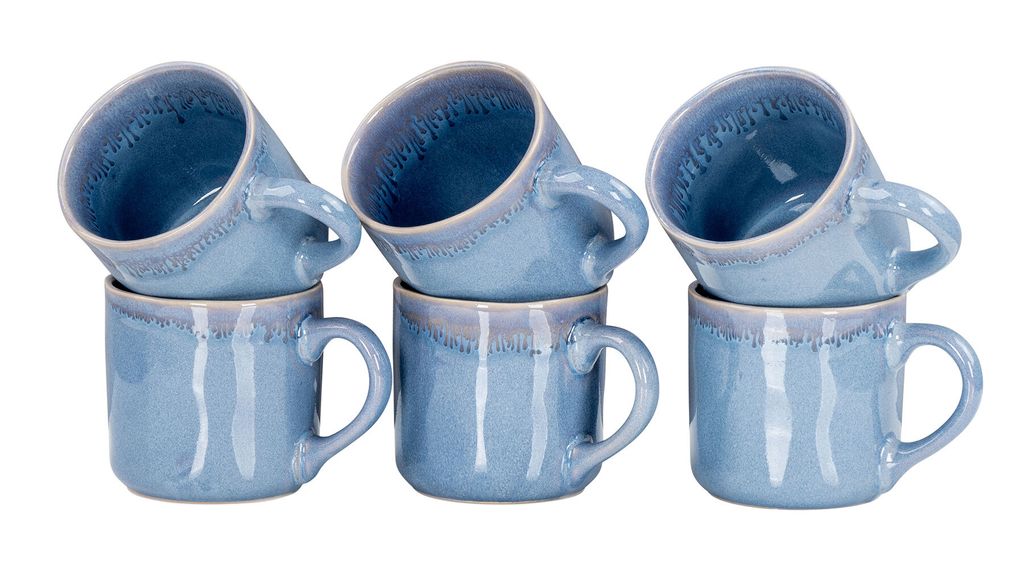 6er Set Steingut Becher 350ml Tasse Blau Kaffeetassen Modern Design Küche Kaffeepott Teetasse