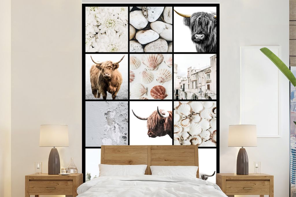 MuchoWow Fototapete für Wohnzimmer oder Schlafzimmer Wandtapete Vinyl Motivtapete Schottischer Highlander - Collage - Blumen - Muscheln - 180x28...