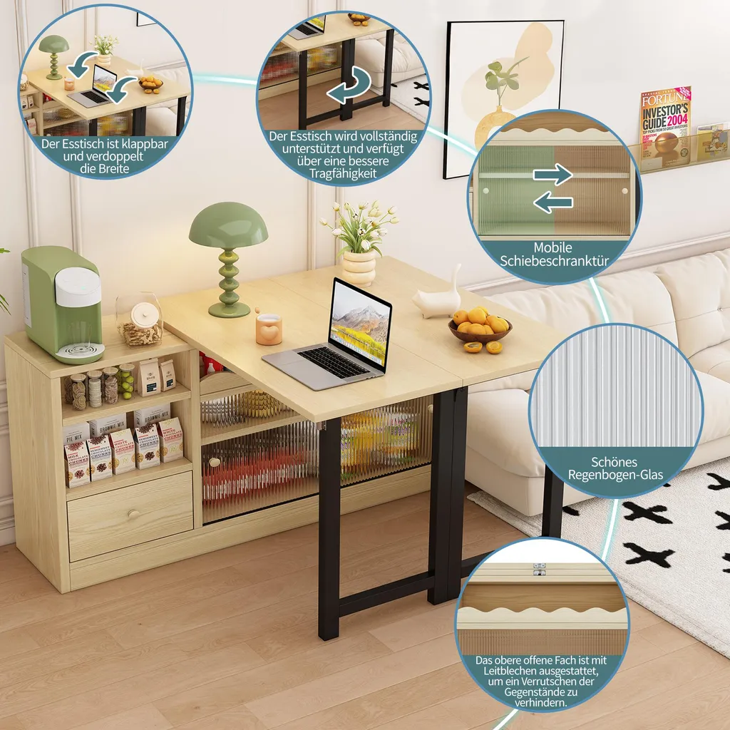 Sweiko Table à manger pliante extensible avec rangement Noir et Nature - 13