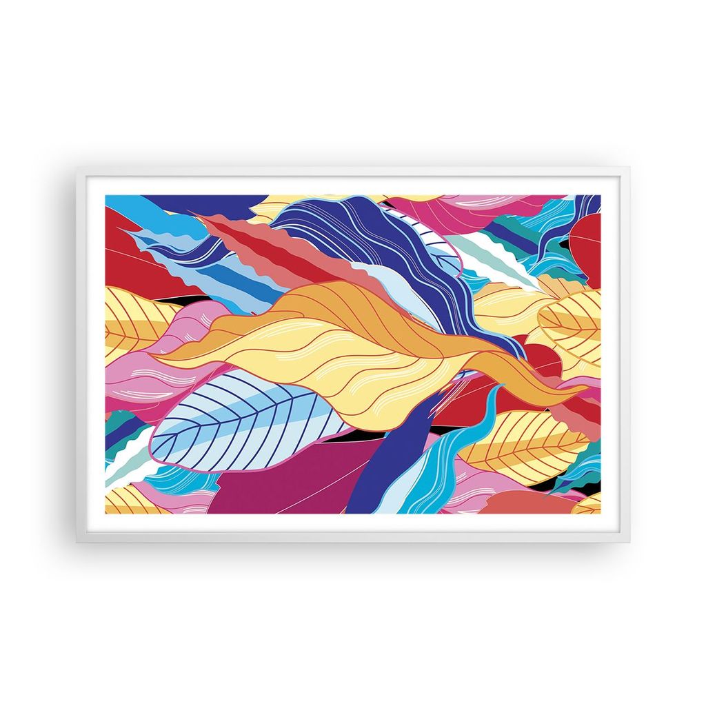 Gerahmtes Poster - Weißer Rahmen - Muster Blätter bunt - 91,5x61 cm - Wand Bild - Wanddeko - Wandbilder - Kunstposter - Wandposter - Bilderrahmen...